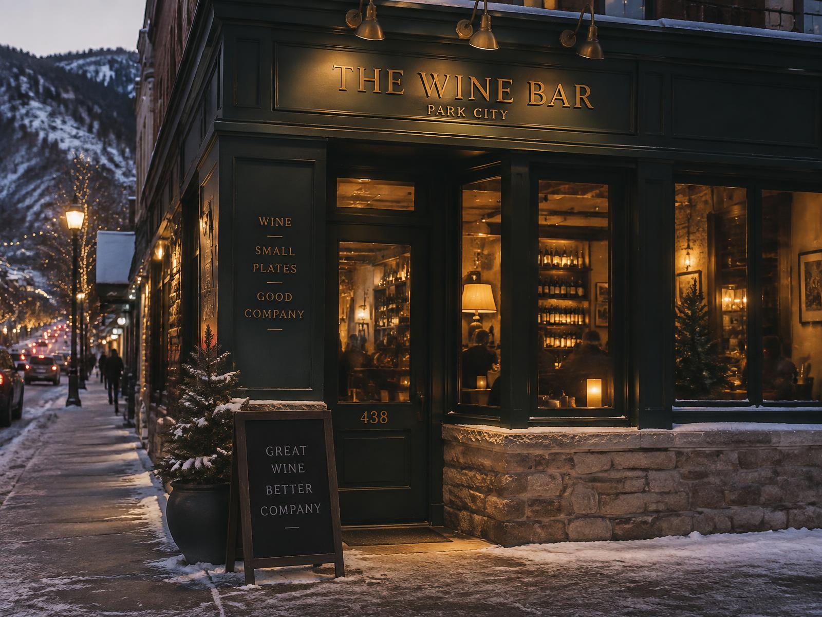 Tannin Bar's glowing window on a Park City evening