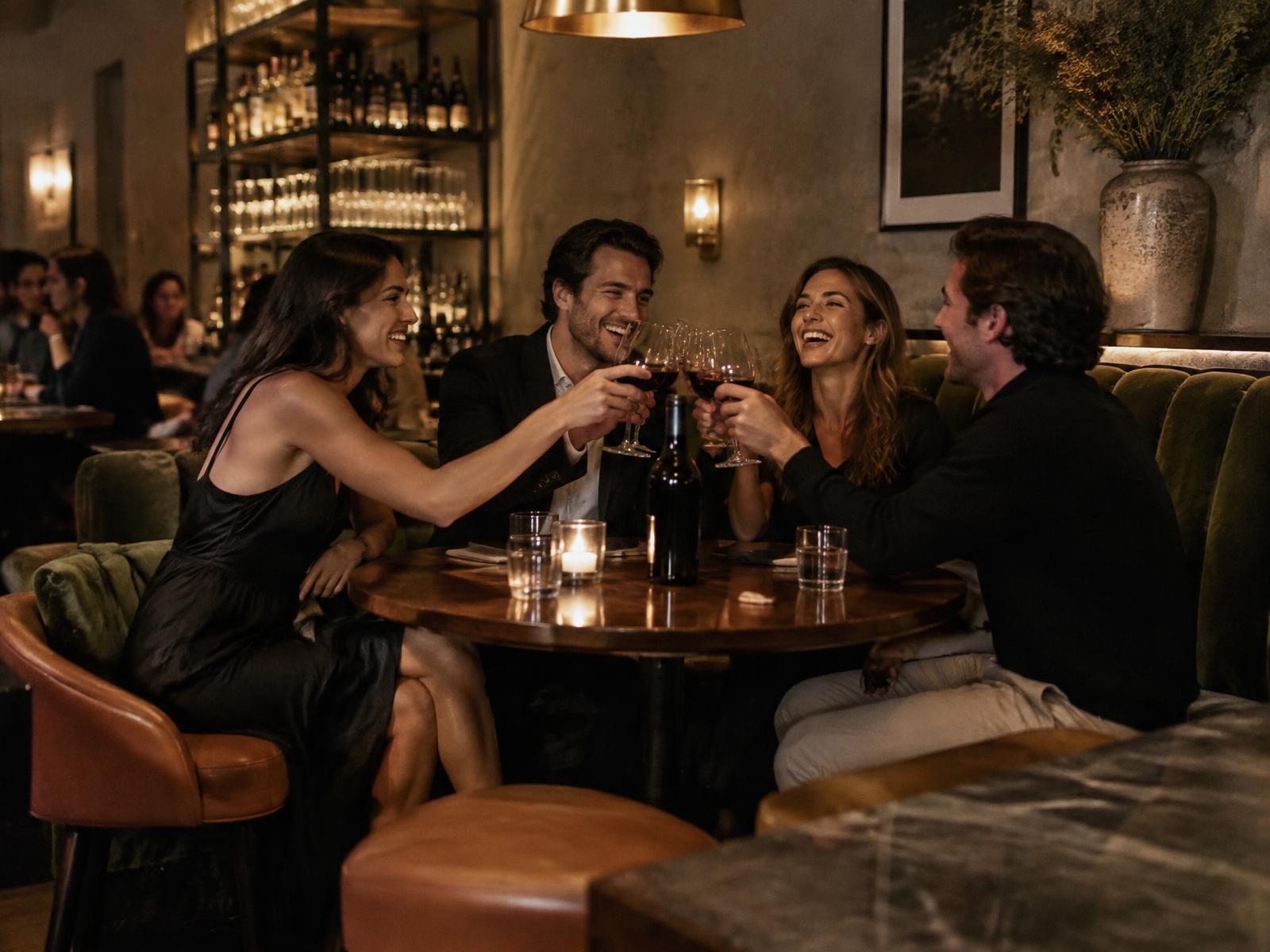 Friends gathered around a long table with wine
